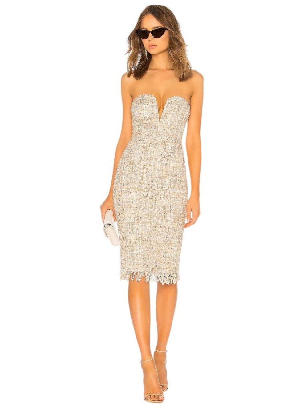 LPA Dress 691 in Cream Multi Small New Womens Tweed Boucle Strapless Midi